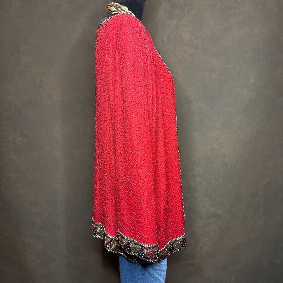 Laurence Kazar Red Beaded Silk Open Front Jacket Cardigan Plus Size 2X - Picture 7 of 13